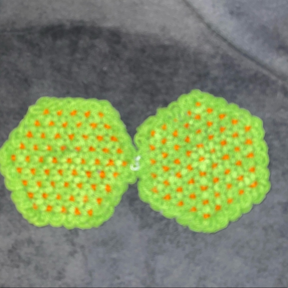 Vintage Handmade Green and Orange Hexagon Crocheted Trivets Set of 2.